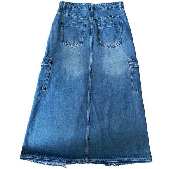Daze A-line Maxi Denim Skirt L Blue Raw Hem Seam Slit Distressed Grunge Y2K - Picture 2 of 6